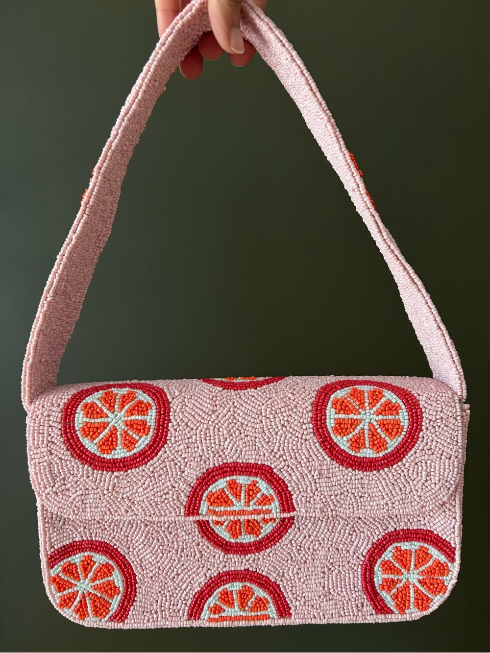 Pink Beaded Citrus-Accent Shoulder Bag